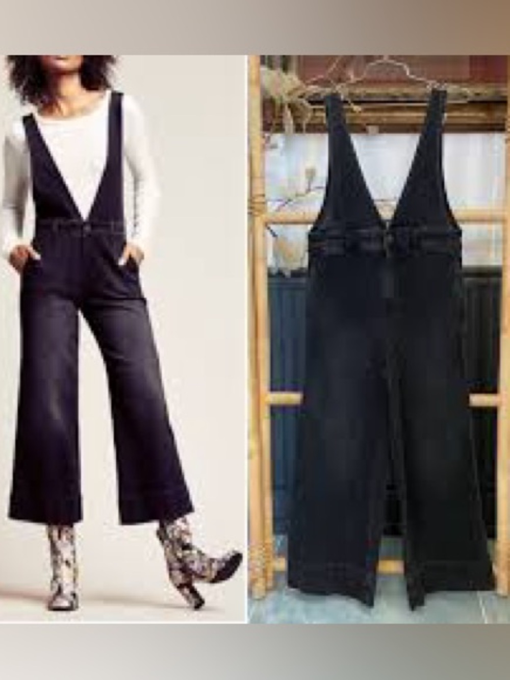 Free People A-Line Wide Leg Plunging V-Neck Denim Overalls - Black - Size 12 EUC